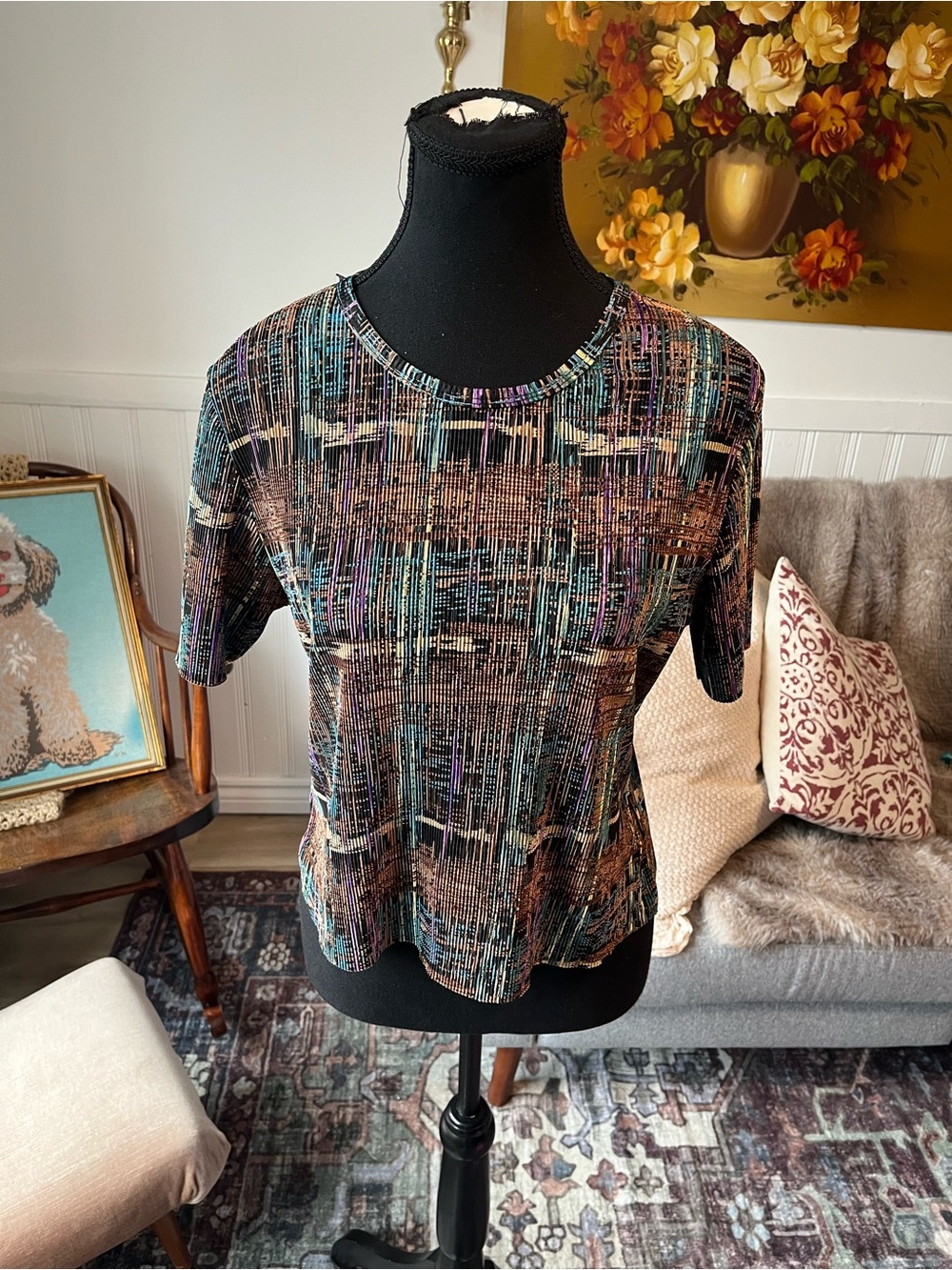 Women’s Vintage Patterned Short-Sleeve Top in Multicolor Size M